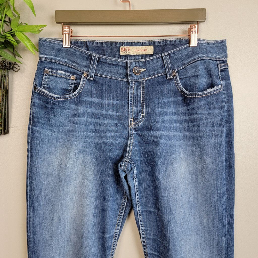 BKE 34 Culture Bootcut Boot Cut Medium Wash Mid Rise Stretch Jeans Distressed - Picture 4 of 15